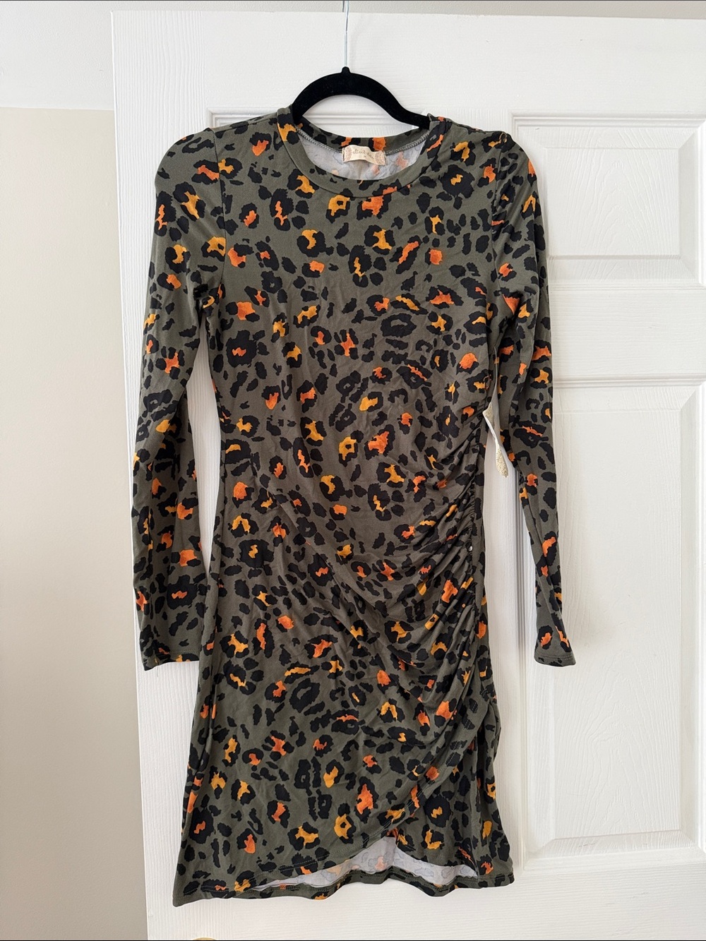 Altar'd State Olive Leopard Ruched Long Sleeve Dress with Orange Accents